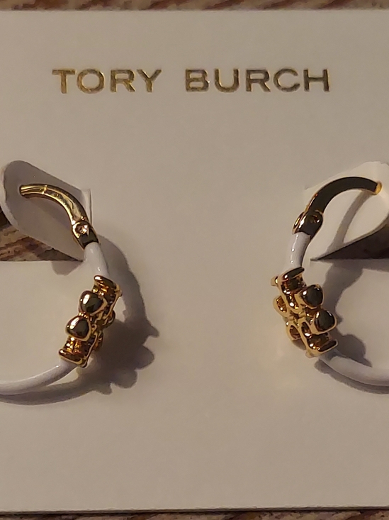 Tory Burch Jewelry - Tory Burch White Enamel Hoop Earrings with Gold Accents